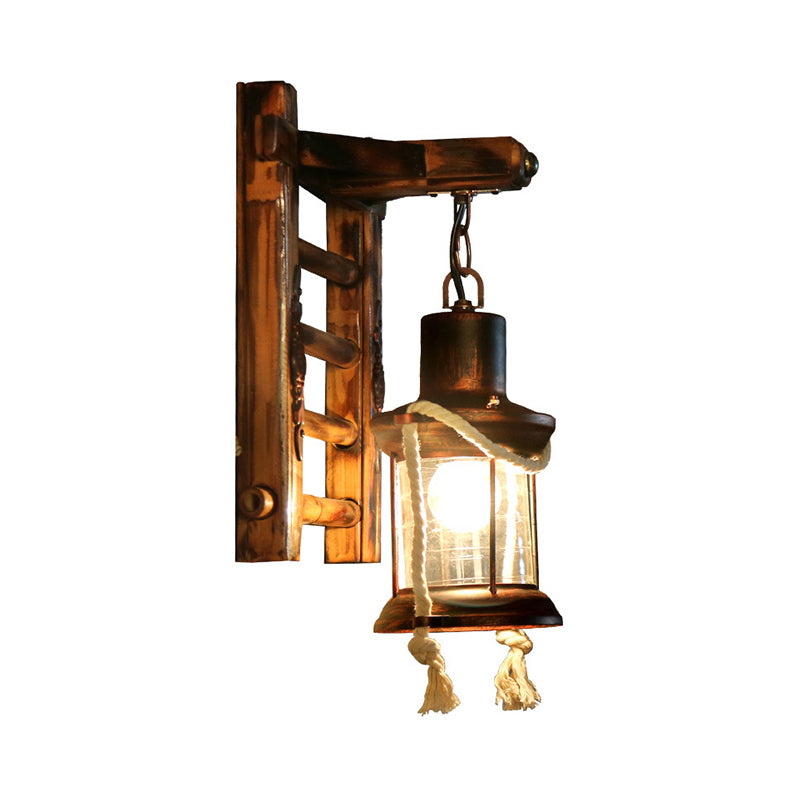 BowLift | Antique Copper Cylinder Wall Lighting Vintage Clear Glass 1 Light Porch Sconces Light with Cage and Wooden Backplate