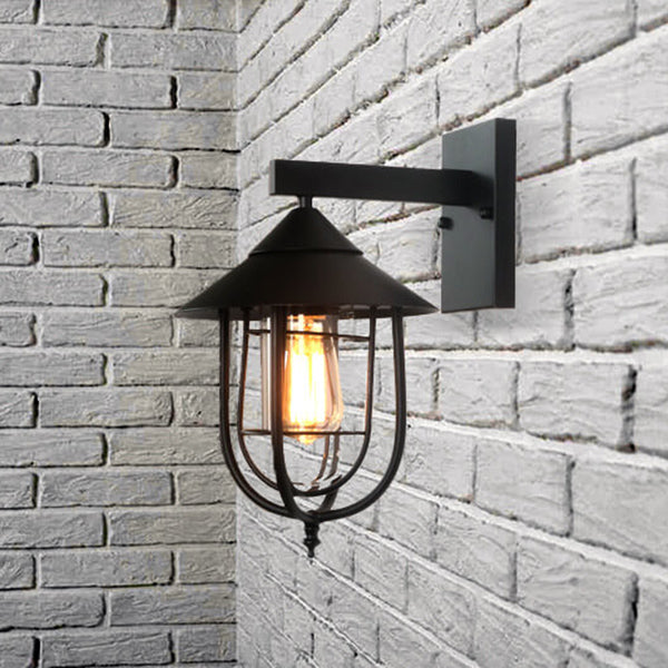 Vintage Industrial Iron Lantern Indoor Outdoor 1-Light Wall Sconce Lamp | Bowlift