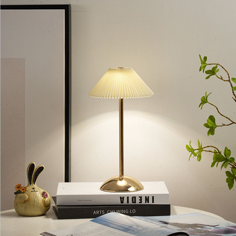 BowLift | Contemporary Scandinavian rechargeable iron fabric cone pleated LED table lamp for bedside