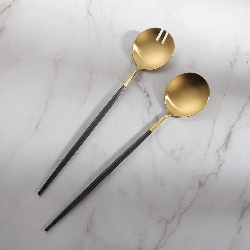 BowLift | Black and gold salad cutlery and serving utensils set
