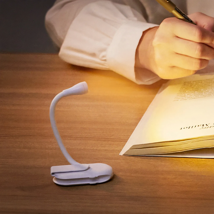 Compact LED clip lamp for nightstand and travel