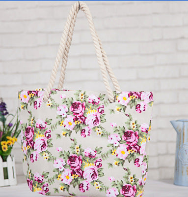 Floral Pattern Beach Bag with Sturdy Cord Handles Bowlift