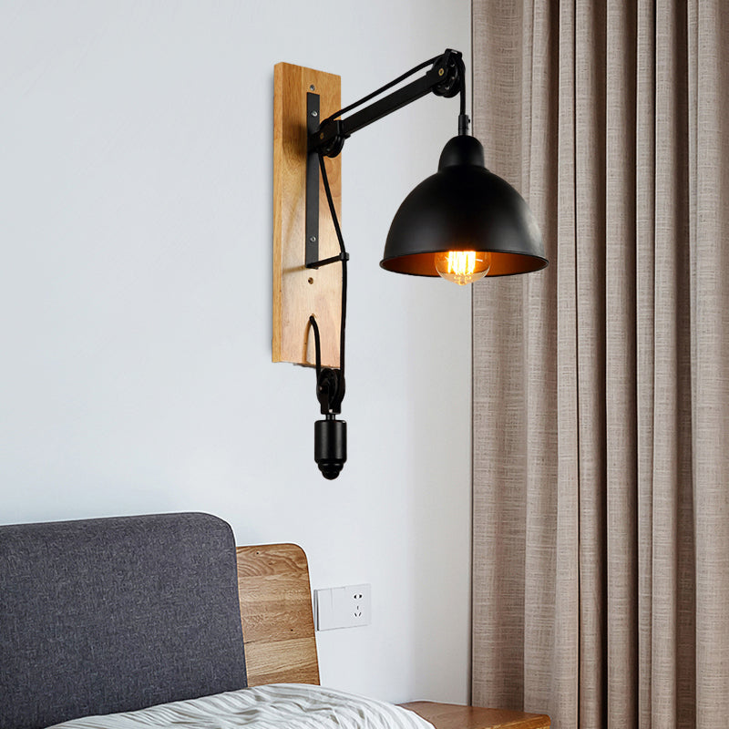 BowLift | Curved Interior Wall Mount Light Industrial Metal 1 Head Black Wall Lamp with Beige/Brown Wood Backing and Pulley