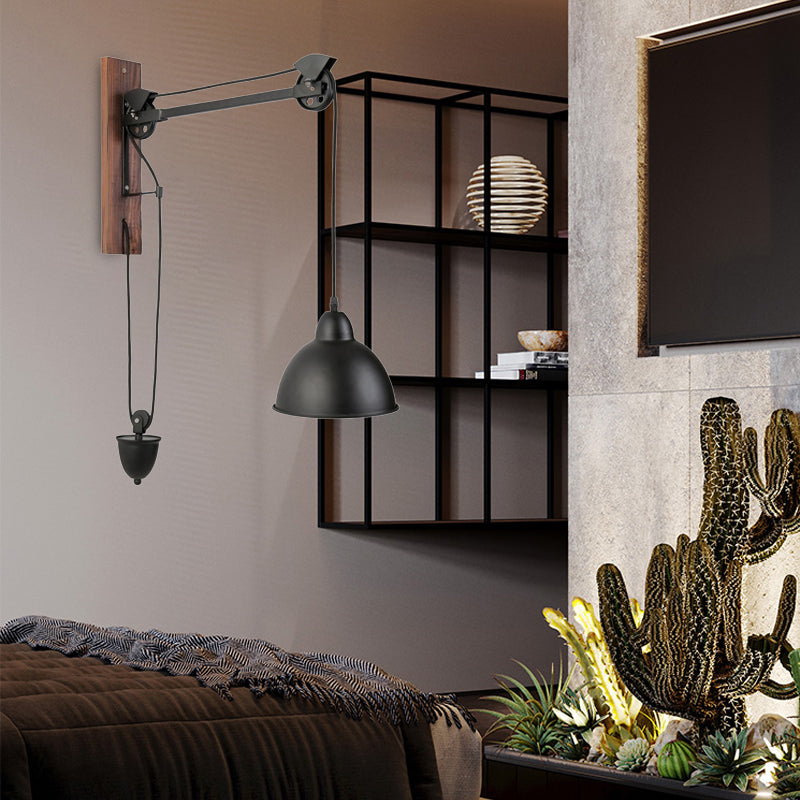 BowLift | Curved Interior Wall Mount Light Industrial Metal 1 Head Black Wall Lamp with Beige/Brown Wood Backing and Pulley