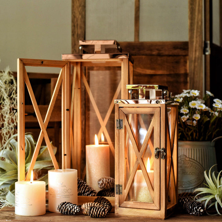 Handcrafted Cross-Frame Glass Lantern Candle Case with Hinged Door Bowlift