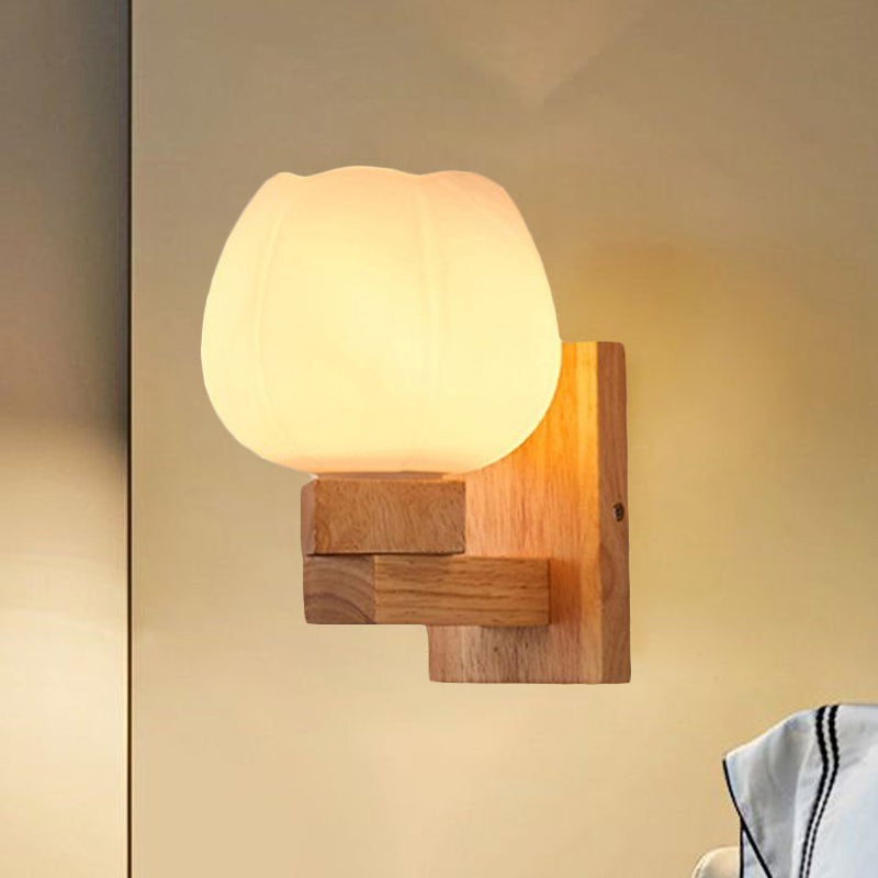 BowLift | Single Bulb Opal Glass Wall Light Nordic Wood Bowl Bedroom Lighting Fixture