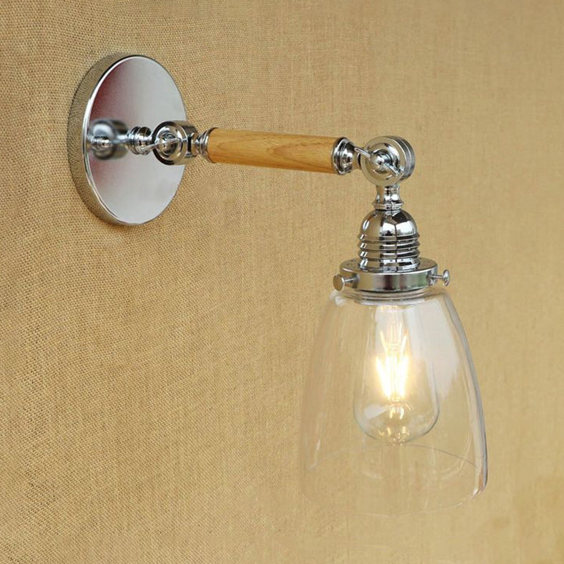 BowLift | Single-layer wall lamp with dome shade clear glass industrial living room light, 8"/4"/6" L wood arm