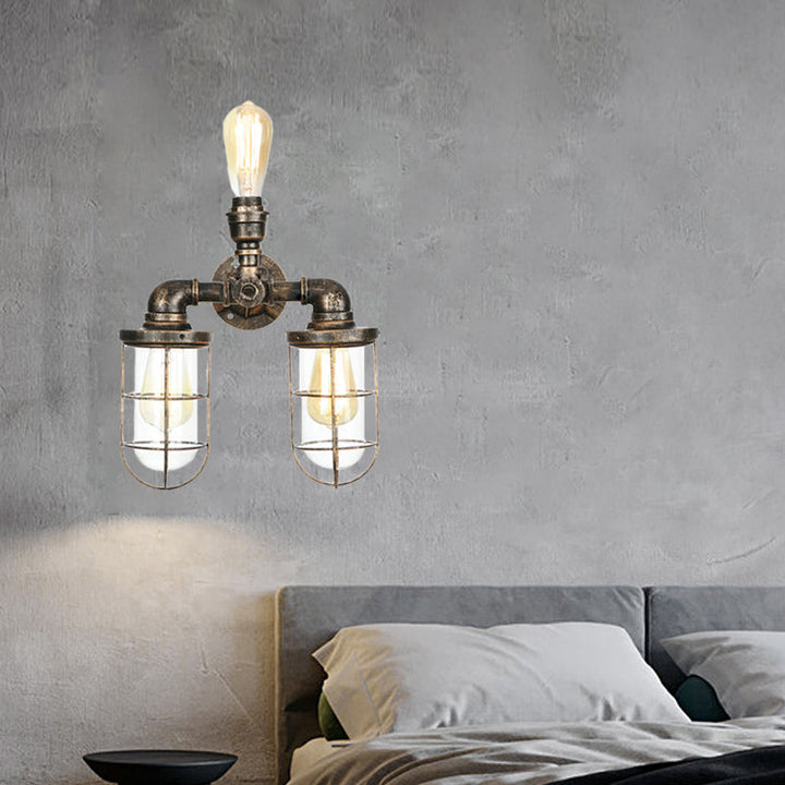 BowLift | 3 Heads Water Pipe Wall Mounted Light with Cage Shade Nautical Design Antique Brass Iron Wall Lighting