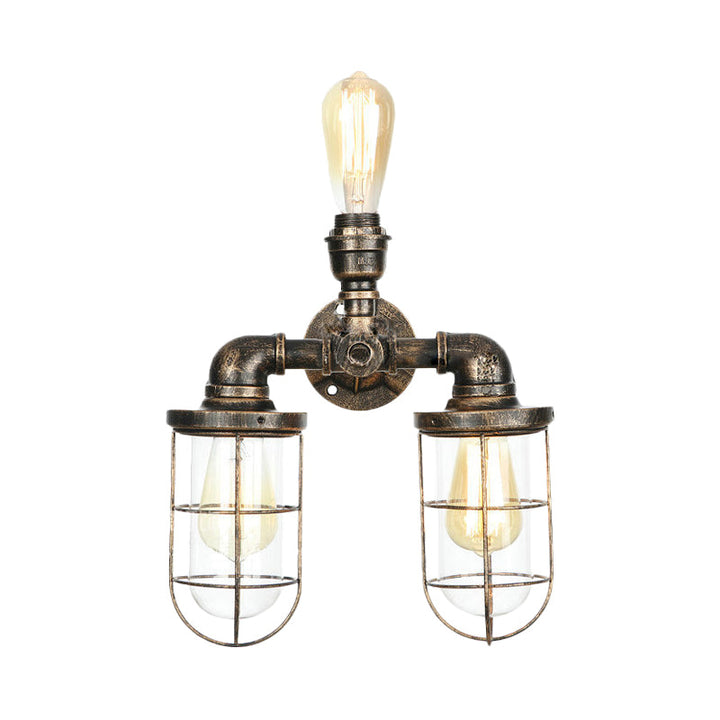 BowLift | 3 Heads Water Pipe Wall Mounted Light with Cage Shade Nautical Design Antique Brass Iron Wall Lighting