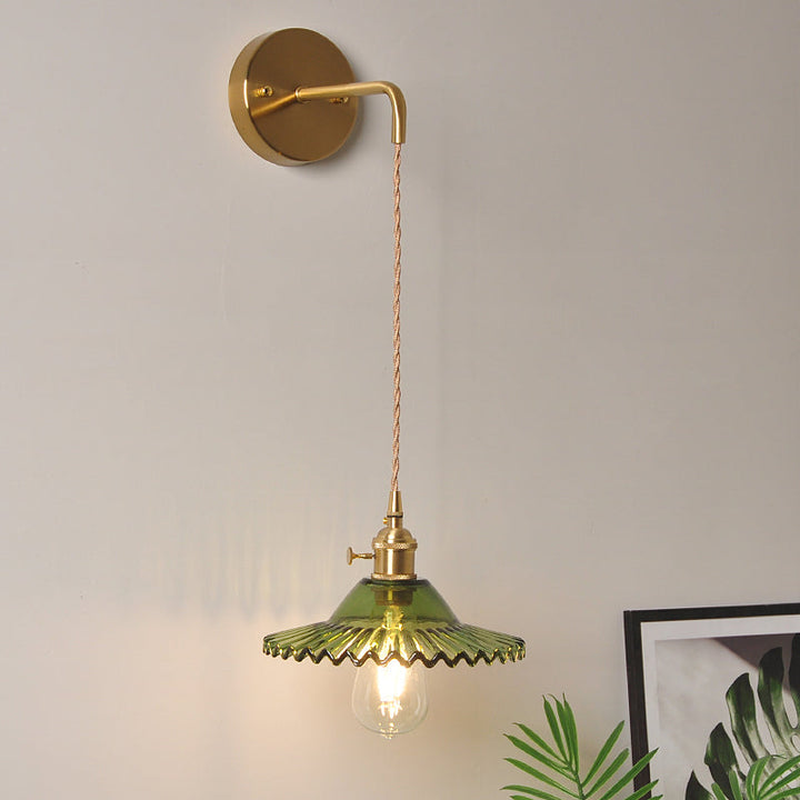 BowLift | Green glass wavy wall lamp industrial 1 light living room lighting fixture in brass