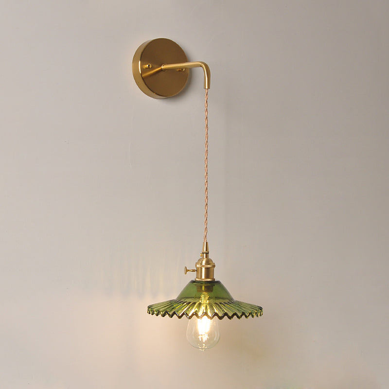 BowLift | Green glass wavy wall lamp industrial 1 light living room lighting fixture in brass