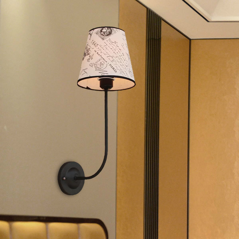 BowLift | Vintage Conical Wall Lamp 1 Head Fabric and Metal Wall Mount Fixture with Curved Arm in White