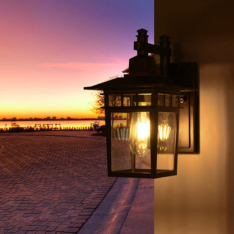 BowLift | Lantern Clear Glass Wall Hanging Lamp Industrial Single Bulb Veranda Wall Light in Black