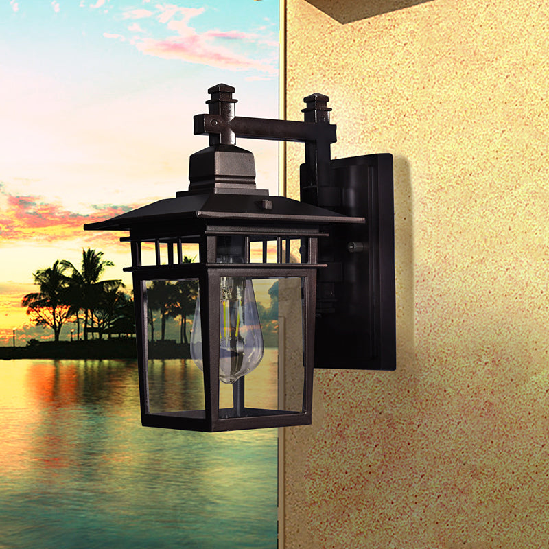 BowLift | Lantern Clear Glass Wall Hanging Lamp Industrial Single Bulb Veranda Wall Light in Black