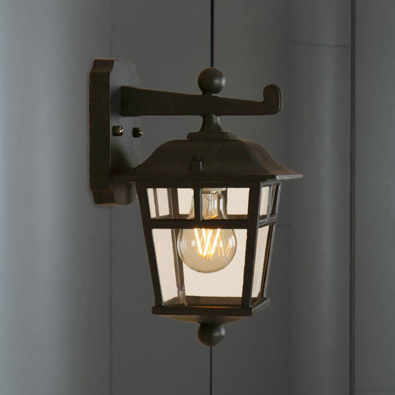 BowLift | Lantern Clear Glass Wall Hanging Lamp Industrial Single Bulb Veranda Wall Light in Black