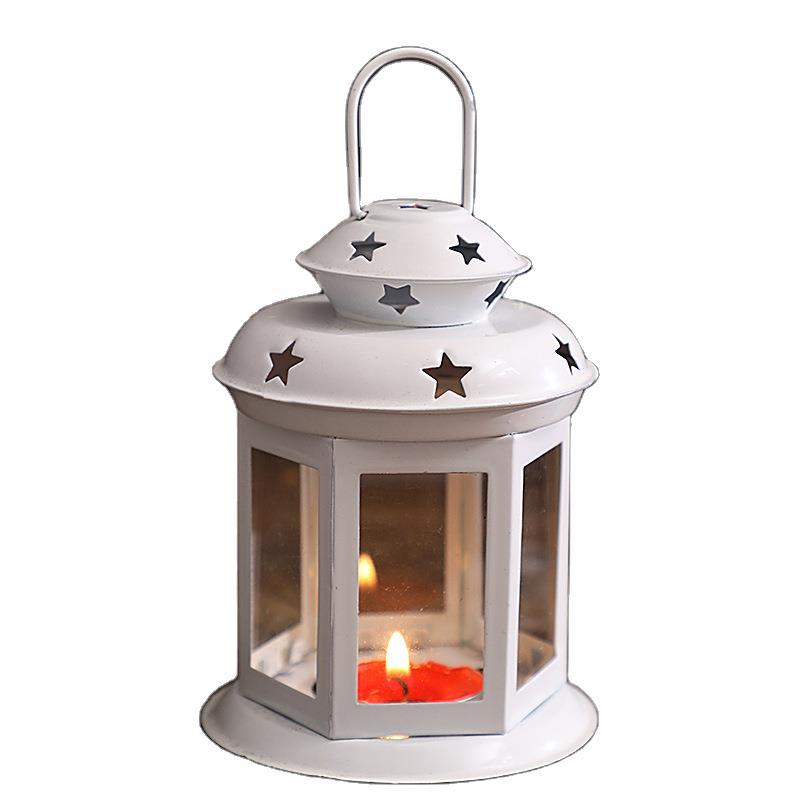 Mini Hexagonal Glass-Panelled Party Tealight Lantern with Star Venting and Carry Handle Bowlift