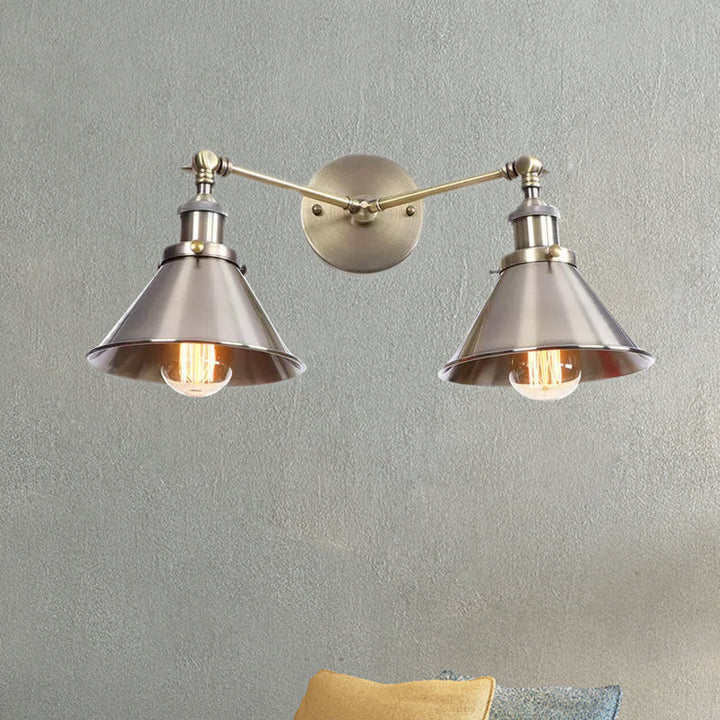 BowLift | Tapered Umbrella Iron Wall Mount Light Industrial Vintage 2 Heads Farmhouse Wall Mount Light in Black/Brass