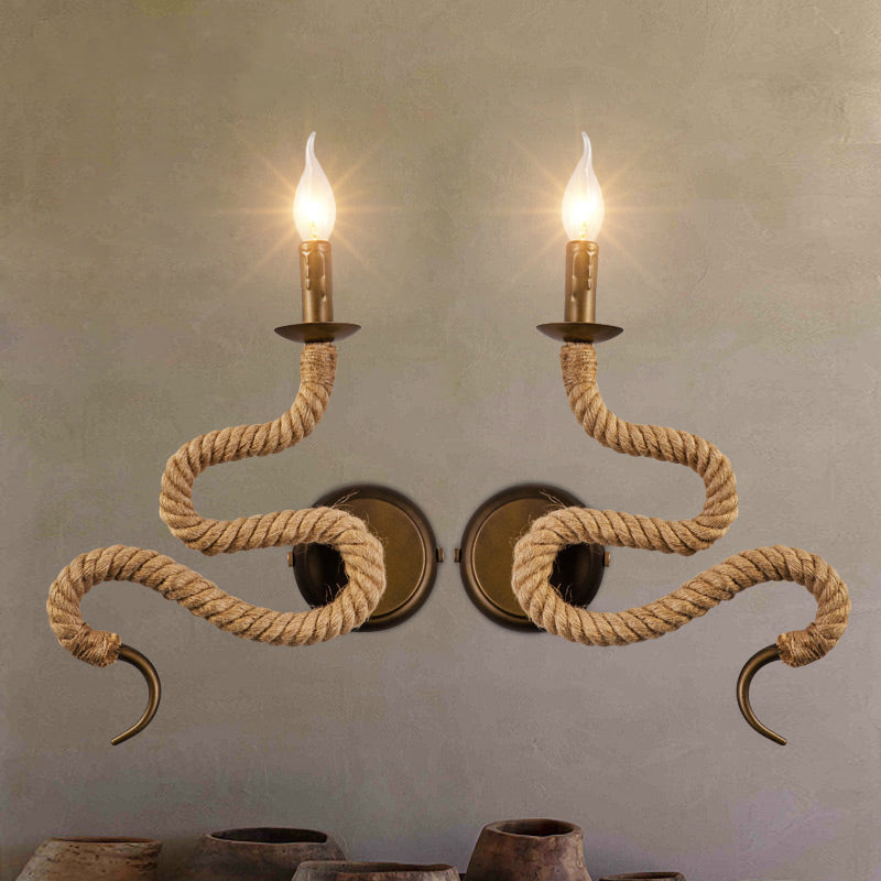 BowLift | Candle Holder Ropestone Wall Lamp with Curved Design Vintage 1 Light Bedroom Wall Mounted Lamp in Bronze