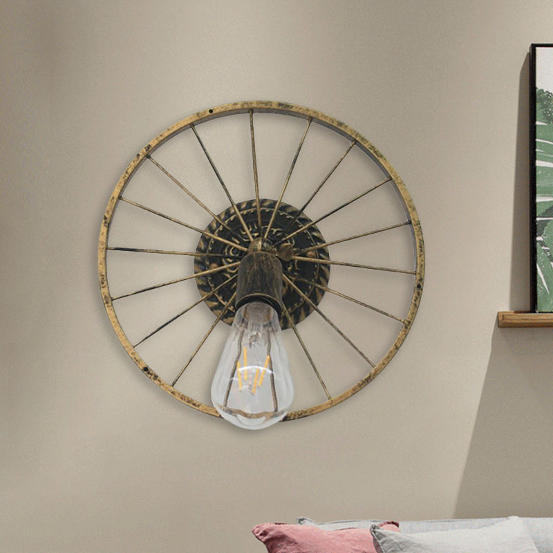 BowLift | Black/Bronze Wheel Design Wall Sconce Lamp with Open Bulb Farmhouse Style Metal 1 Light Restaurant Sconce Light