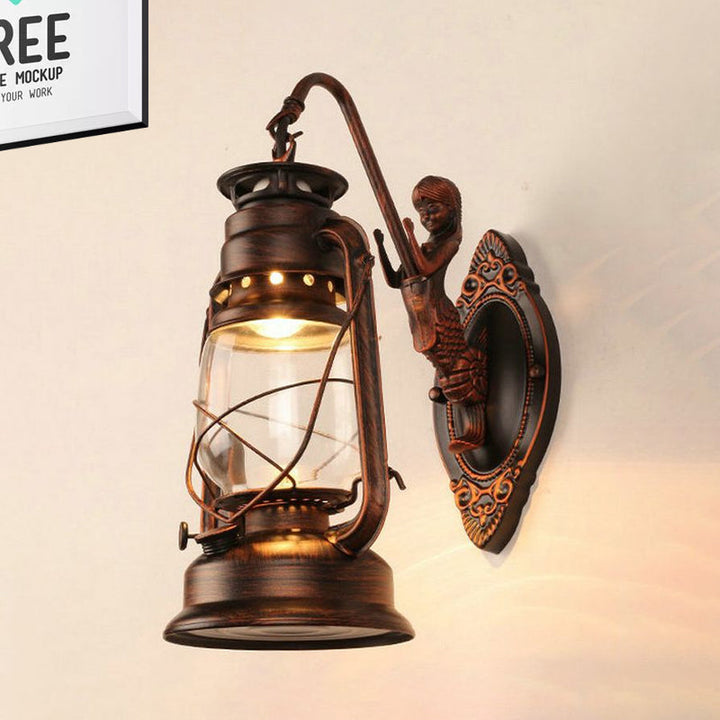 BowLift | One Bulb Wall Lamp with Lantern Shade Clear Glass Coast Bedroom Wall Lamp in Black/Antique Brass/Aged Copper with Mermaid