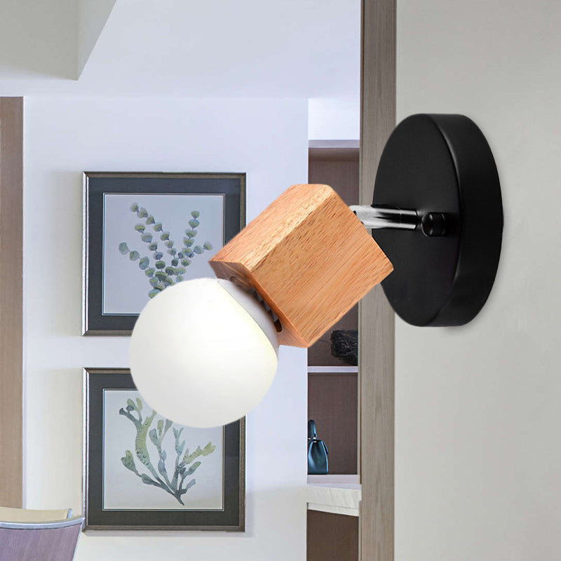BowLift | Black/White 1 Head Wall Lamp Sconces Industrial Style Wooden Square Wall Mount Light with Circular Wall Plate