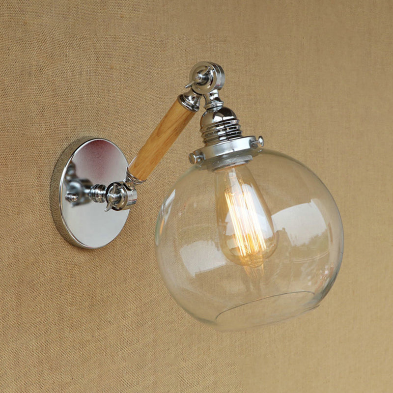 BowLift | Vintage Orb Wall Light Fixture 1 Lamp Clear Glass Wall Lamp in Chrome for Bathroom, 8"/4"/6" Wide Wooden Arm