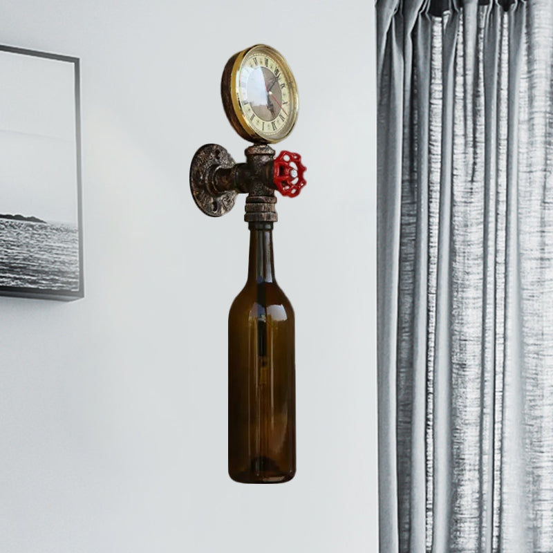 BowLift | Brown/Blue Bottle Wall Sconce Lamp Vintage Stylish Glass 1 Bulb Living Room Wall Lighting with Manometer and Valve