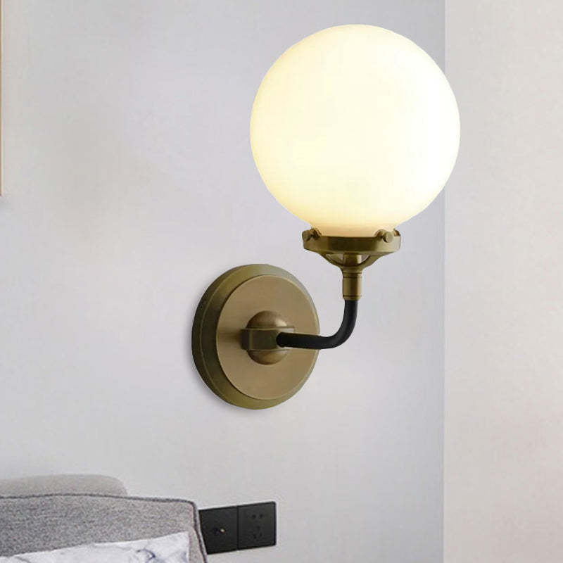 BowLift | Modern Globe Shade Wall Lamp Fixture 1/2-Bulb Opal Glass Sconce Light in Antique Brass/Chrome