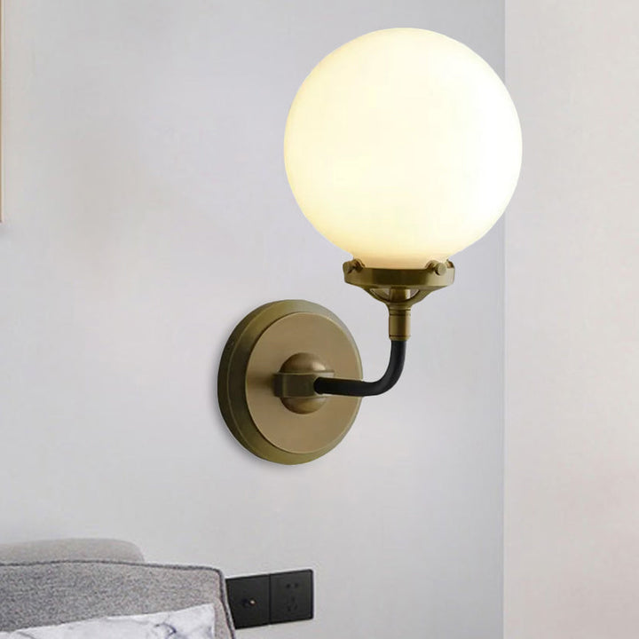 BowLift | Modern Globe Shade Wall Lamp Fixture 1/2-Bulb Opal Glass Sconce Light in Antique Brass/Chrome