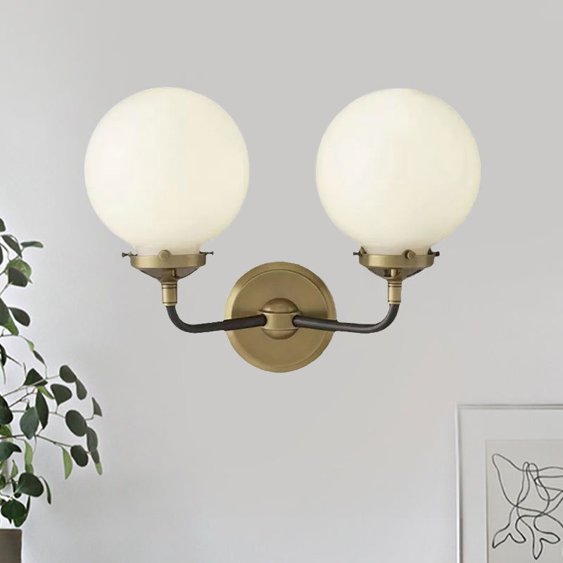 BowLift | Modern Globe Shade Wall Lamp Fixture 1/2-Bulb Opal Glass Sconce Light in Antique Brass/Chrome