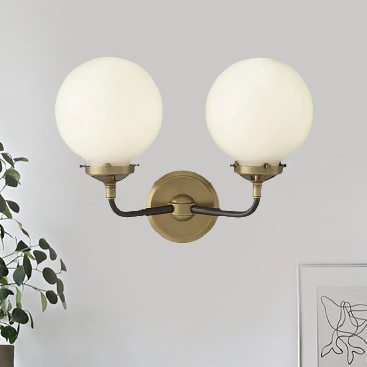 BowLift | Modern Globe Shade Wall Lamp Fixture 1/2-Bulb Opal Glass Sconce Light in Antique Brass/Chrome