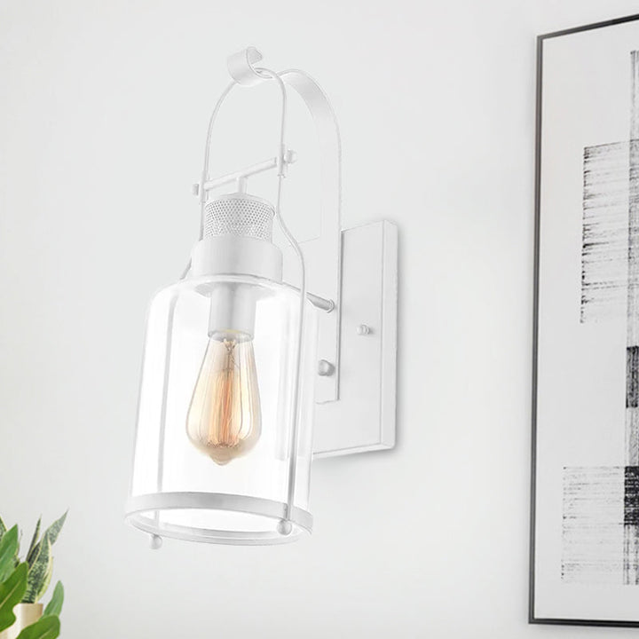 BowLift | Cylinder clear glass wall-mounted lamp industrial single bulb living room wall sconce in black/white/rust with cage