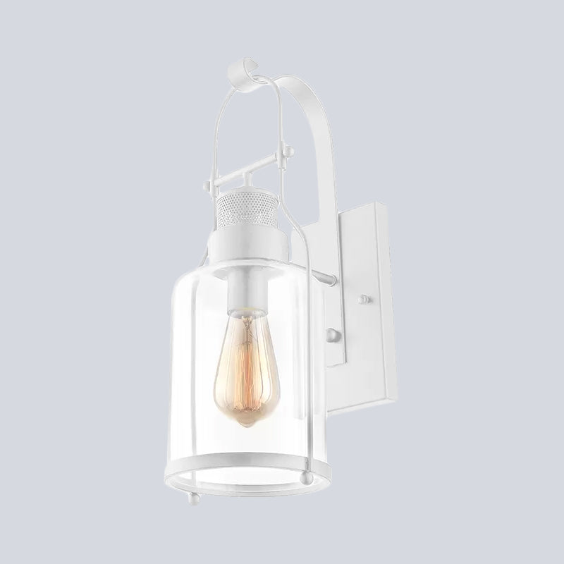 BowLift | Cylinder clear glass wall-mounted lamp industrial single bulb living room wall sconce in black/white/rust with cage