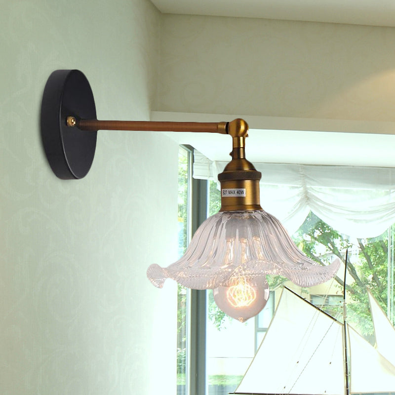 BowLift | Clear Ribbed Glass Cone/Flower Wall Lamp Industrial 1 Light Living Room Lighting Fixture in Brass for Dining Room