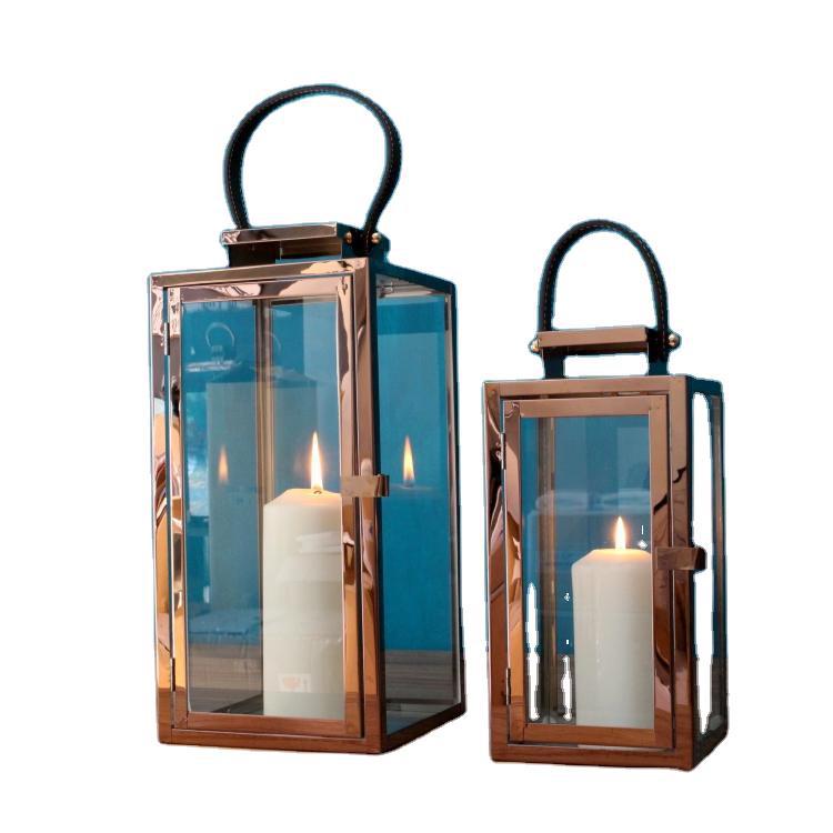 Rectangular Glass Candle Lanterns with Polished Metal Frame and Faux Leather Handle Set Bowlift