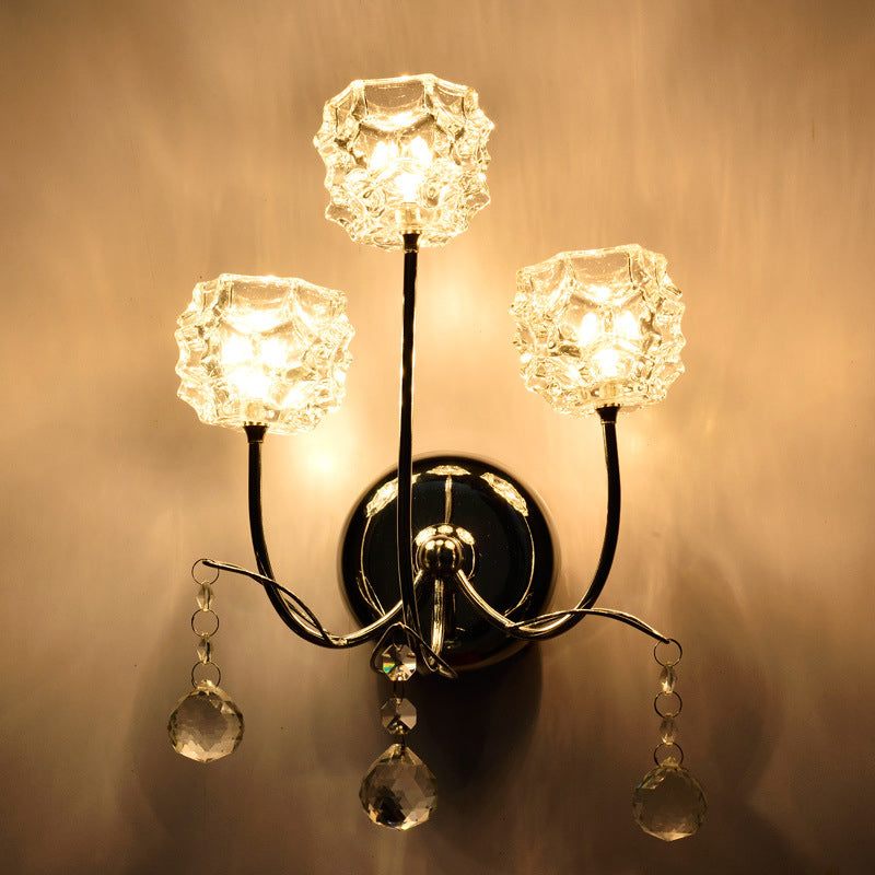 BowLift | Chrome 3 Heads Wall Sconce Contemporary Metal Curvy Arm Wall Lighting with Floral Crystal Shade
