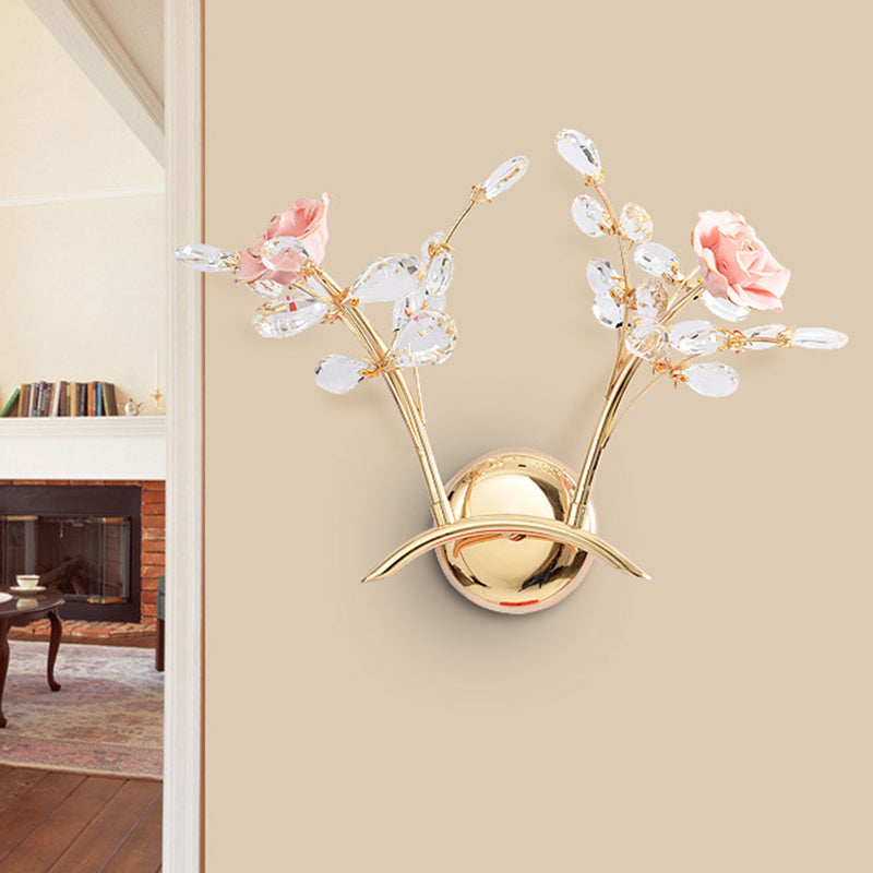 BowLift | Branches Hall Wall Light Contemporary Clear Crystal Raindrops 2 Heads Gold Wall Mount Lamp with Rose Design