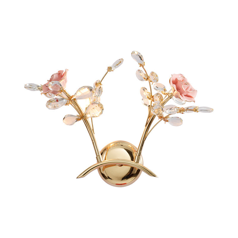 BowLift | Branches Hall Wall Light Contemporary Clear Crystal Raindrops 2 Heads Gold Wall Mount Lamp with Rose Design