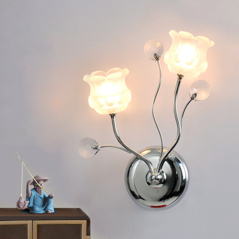BowLift | Clear Crystal Orbs Chrome Wall Light Scrolling Arm 2 Bulbs Modern Wall Lighting with Bloom Shade