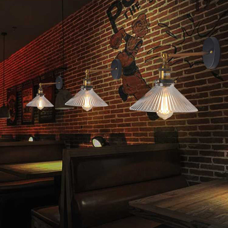 BowLift | Clear Ribbed Glass Cone/Flower Wall Lamp Industrial 1 Light Living Room Lighting Fixture in Brass for Dining Room