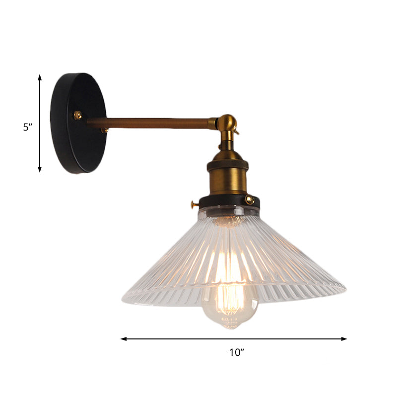 BowLift | Clear Ribbed Glass Cone/Flower Wall Lamp Industrial 1 Light Living Room Lighting Fixture in Brass for Dining Room