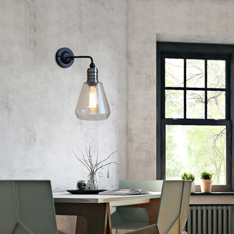 BowLift | Rustic Style Tapered Shade Wall Lighting Fixture Single Gloss Clear Glass Wall Lamp in Black for Kitchen