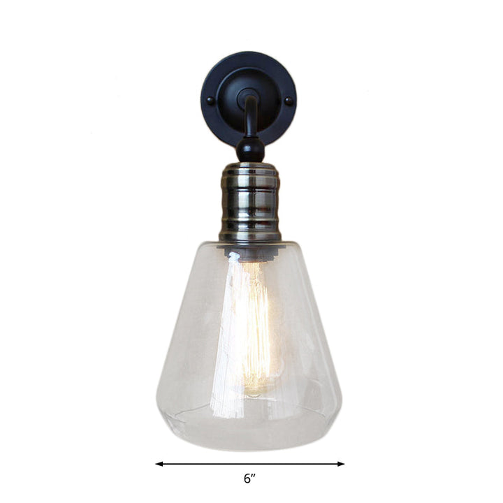 BowLift | Rustic Style Tapered Shade Wall Lighting Fixture Single Gloss Clear Glass Wall Lamp in Black for Kitchen