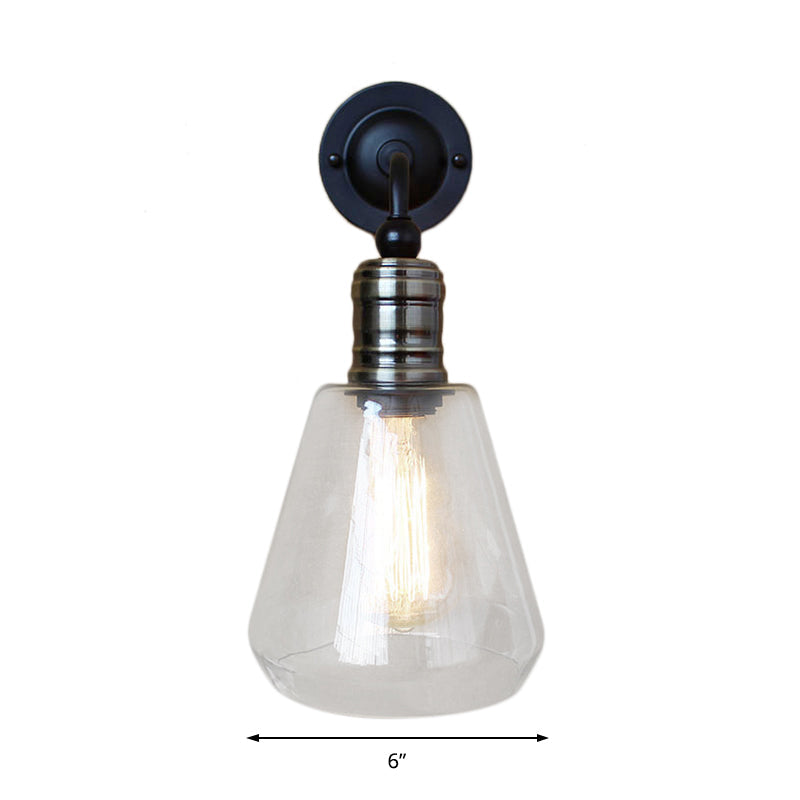 BowLift | Rustic Style Tapered Shade Wall Lighting Fixture Single Gloss Clear Glass Wall Lamp in Black for Kitchen
