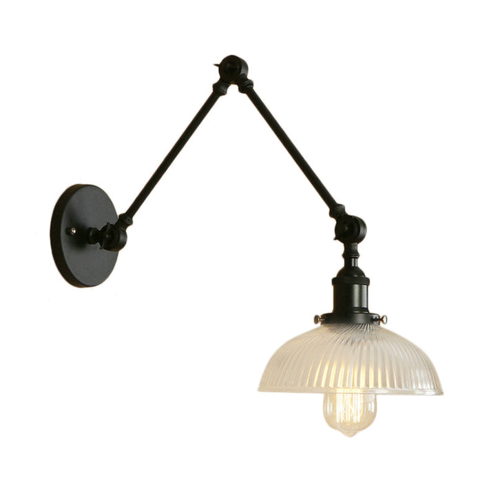 BowLift | 1 Light Ribbed Glass Wall Lamp Light Industrial Antique Brass/Black/Rust Dome Living Room Lighting Fixture with Swing Arm
