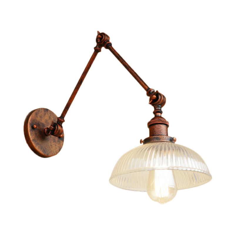 BowLift | 1 Light Ribbed Glass Wall Lamp Light Industrial Antique Brass/Black/Rust Dome Living Room Lighting Fixture with Swing Arm
