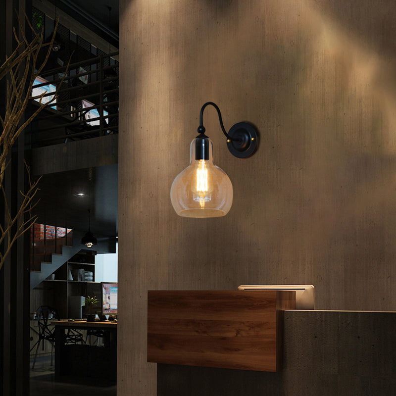 BowLift | One Pear Wall Light with Pumpkin Shade Clear Glass Industrial Corridor Wall Lamp in Black