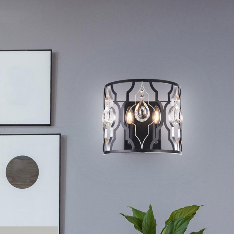 BowLift | Metal frame Black wall light fixture Half-cylinder 2 heads Modern surface wall sconce with crystal drops