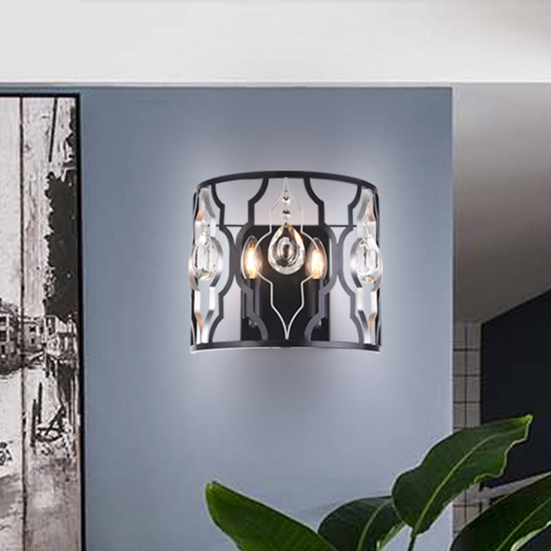 BowLift | Metal frame Black wall light fixture Half-cylinder 2 heads Modern surface wall sconce with crystal drops