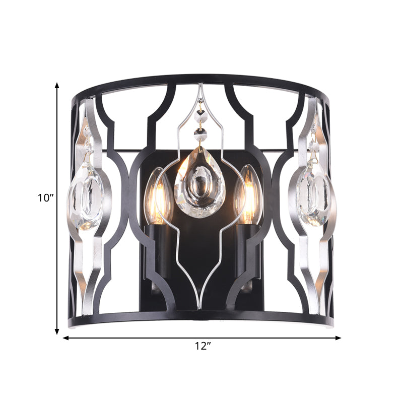 BowLift | Metal frame Black wall light fixture Half-cylinder 2 heads Modern surface wall sconce with crystal drops